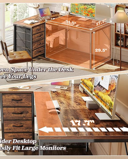 PRAISUN 43.3" Small Computer Desk with Power Outlets and USB-C Port, Reversible L Shaped Corner Office Desk with 4 Fabric Drawers and 2 Height-Adjustable Shelves, for Gaming Writing, Rustic Brown