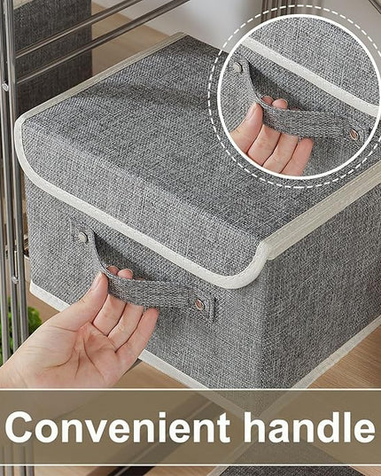 Storage Boxes, Collapsible Storage Bins with Lids, Cotton and linen cloth Storage Baskets with Handle, for Books, Closet, Bedroom, Home, 10.2x7.9x6.7 in, Grey
