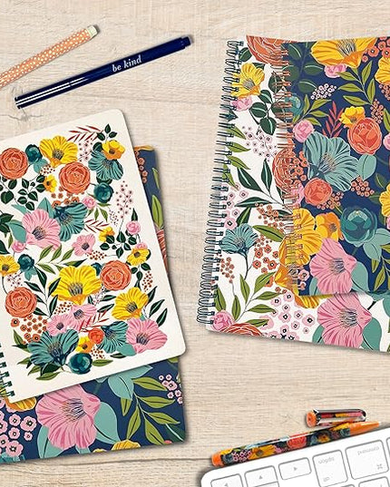 Steel Mill & Co Cute Floral Mini Spiral Notebook, 8.25" x 6.25" Journal with Durable Hardcover and 160 Lined Pages, Garden Blooms (Navy)