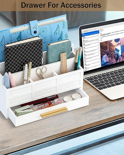 dreampossible white Wood Desk Organizer and Accessories with Drawer, Bill Mail Organizer and File Mail Holder for Office Supplies, Rustic Desk Accessories & Workspace Organizers for Desk Organization