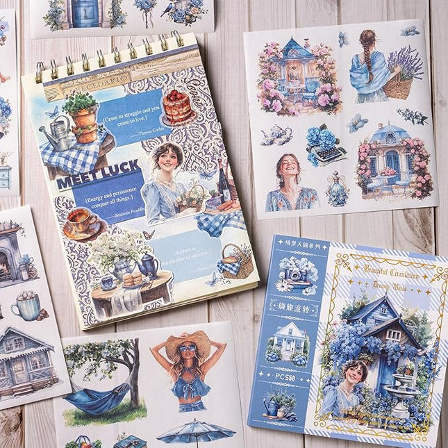 YagCu Garden Junk Journal Stickers, 50 Sheets Washi Journaling Sticker Book, Scrapbook Supplies, Watercolor Scrapbooking for Adults, Blue Decorative Ephemera Arts Craft