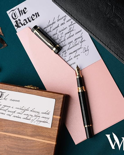 Wordsworth & Black Primori Fountain Pen Set [Black Gold]; Medium Nib, Gift Case, 24 Ink Cartridges, Refill Converter, Manual; Journaling, Calligraphy, Smooth Writing Pens; Left & Right Handed