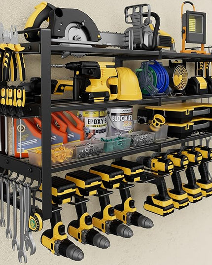Power Tool Organizer Wall Mount, 4-Tier Tool Storage Rack with 8 Drill Holders, 400LBS Load Heavy Duty Cordless Tool Shelf for Garage Organization, Gift for Men