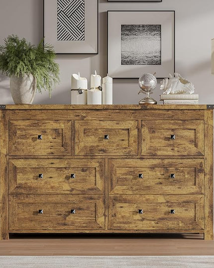 BORNOON 7-Drawer Dresser, Modern Wooden Storage Chest of Drawers, Dresser TV Stand, Wood Drawer Organizer with Metal Handles for Bedroom, Living Room, Hallway