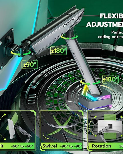 ARES WING RGB Single Monitor Arm Desk Mount for 17-45 inches Flat and Curved Monitors, Holds 35.2 lbs Heavy Duty, Adjustable Ultrawide Monitor Arm with Clamp & Grommet Base, 75/100 VESA Mount, Gray
