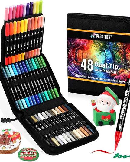 48 Colors Acrylic Paint Markers, Dual Tip with Fine Tip and Brush Tip Pens for Stone, Wood, Calligraphy, Canvas, Ceramic, Metal, Glass, Rock Painting, DIY Crafts Art Supplies Kit