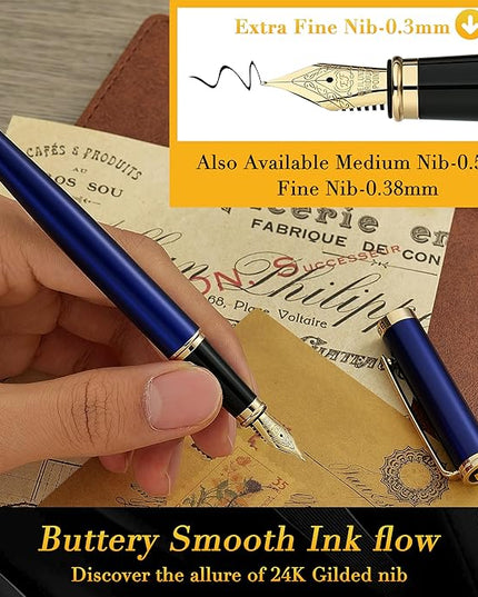 BEILUNER Blue Fountain Pen,Stunning Luxury Pens with 24K Gold Accents, Gorgeous 24K Gilded Nib(Extra Fine), Fancy Pen Gift for Men&Women -Ink Converter-Elegant, Reliable,Graduation Presents, Nice Pen