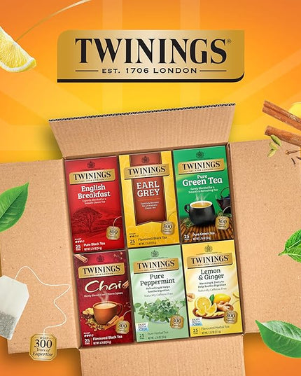Twinings Variety Pack Tea Bags, 25 Count (Pack of 6) Includes English Breakfast, Earl Grey, Lemon Ginger, Peppermint, Green, and Chai, Enjoy Hot or Iced, 150 Teabags