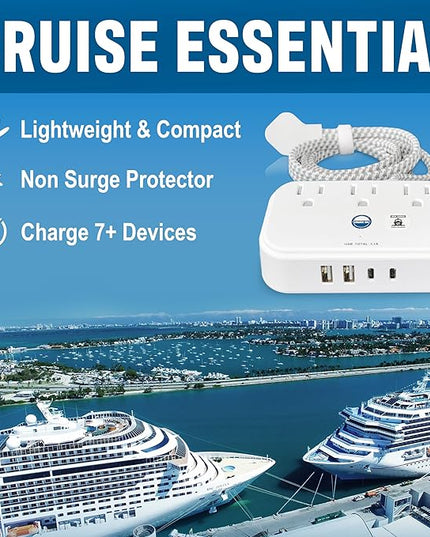 Cruise Approved Power Strip Non Surge Protector with 3.3 ft Travel Extension Cord and USB Ports [2 USB, 2 USB-C, 3 AC] Cruise Ship Essentials for Carnival, Princess, & Major Cruise Lines 2026 & 2027