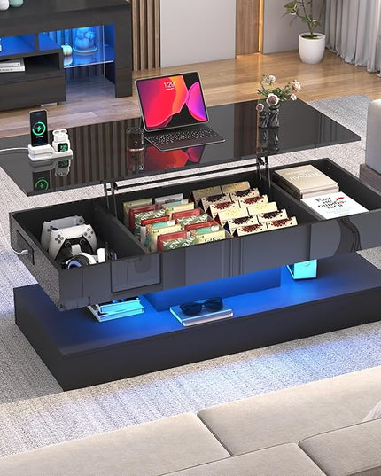 47.2" Large Lift Top Coffee Table,Modern High Glossy LED Coffee Tables for Living Room with Storage,Black Living Room Tables for Living Rooms,Dining Room,Bedroom Home Office,APP LED Lights（Black）