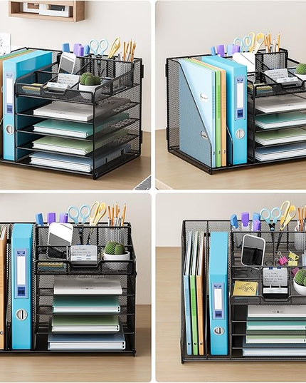 Lavatino Desk Organizer, 5-Tier Metal Mesh Paper Letter Tray with 2 File Holders & 7 Flexible Dividers for Office or Home Desk Organizers and Accessories, Keep Workspace Supplies Neat, Black