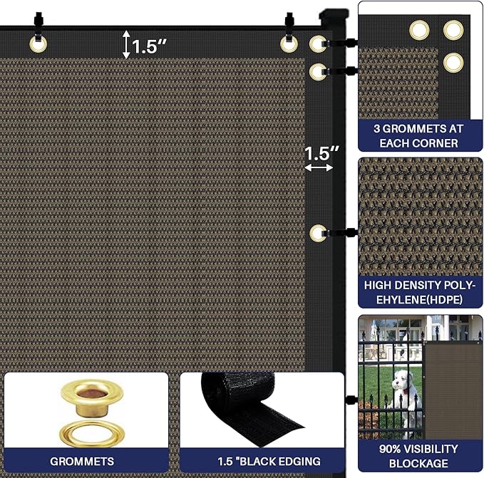 Windscreen4less Privacy Fence Screen Heavy Duty Windscreen Fencing Mesh Fabric Shade Net Cover with Brass Grommtes for Outdoor Wall Garden Yard Pool Deck, 6'x169' Brown