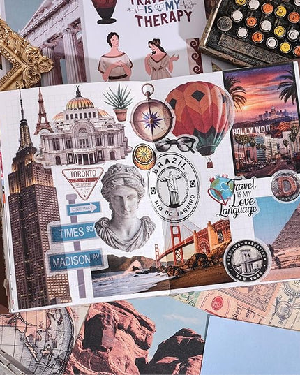 57 Sheets Vintage Travel Scrapbook Sticker Book, 500+ Vintage & Modern Stickers for Scrapbooking, 25 Pcs Ephemera Papers Art Scrapbook Supplies for Adults Teens Women Girls Junk Journal Journaling