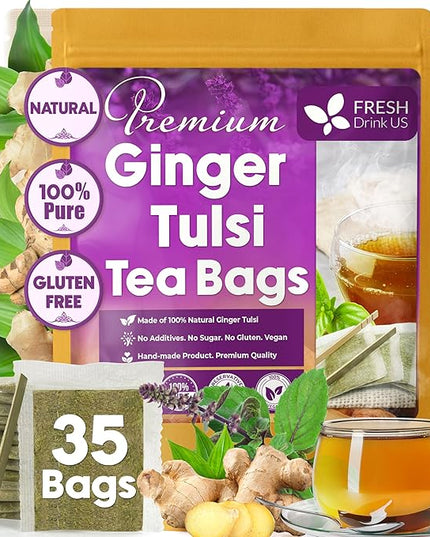 FreshDrinkUS, Premium 35 Ginger Tulsi Tea Bags, 100% Natural, Hand-made Blend of Ginger and Tulsi Holy Basil Leaves, Eco-conscious Tea Bags. Herbal Tea. No Sugar, No Caffeine, Vegan.