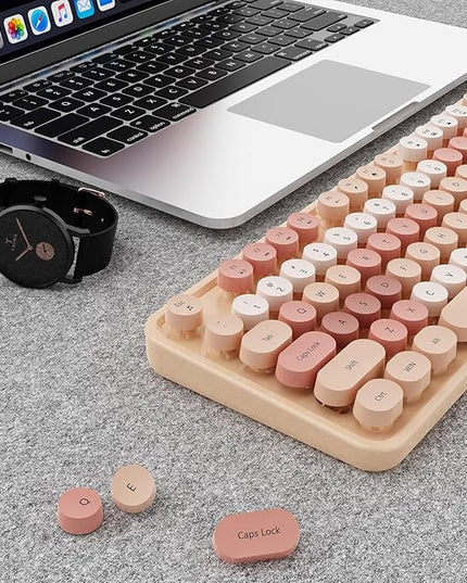 Wireless Keyboard and Mouse Combo, Ergonomic Full Size Typewriter Retro Round Keycaps Keyboard, Compatible with Windows, PC, Perfer for Home and Office Keyboards (Chocolate Color)