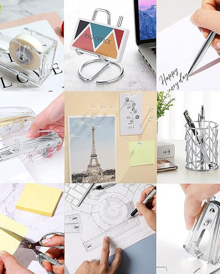 Office Desk Accessories, Acrylic Stapler, Staple Remover, Tape Holder, Pen Holder, Ballpoint Pen, Scissor, Binder Clips, 1000pcs Staples, Phone Holder, Ruler, Transparent Glue and 300 Notes