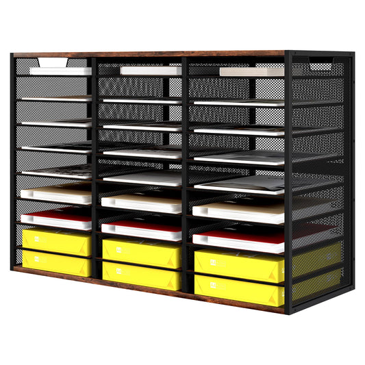 TQVAI 27 Compartments Desktop Literature Organizer, Metal Frame Paper Sorter with Handles, Heavy Duty Mailbox for Classroom and Office, Wood File Organizer for Document, Bill, Magazine, Antique Brown