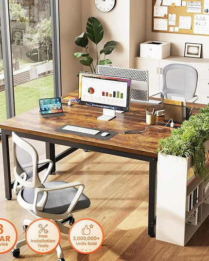 Huuger 55 x 24 inch Desk with Power Outlets & USB-C, Deeper & Thicker Desktop, Robust Metal Tubes, Computer Desk, Heavy Duty Office Desk, Work Gaming Desk for Home Office, Rustic Brown
