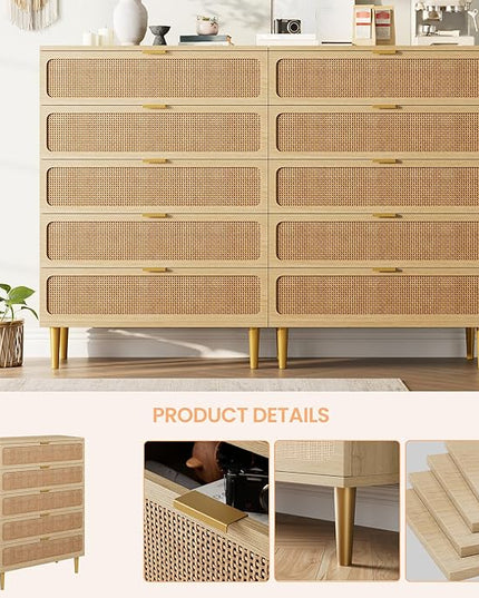 Garvee Rattan Dresser with 5 Drawers, Tall Modern Closet with Deep Storage, Large Chest of Drawers with Wide Top, Long Wooden Dresser for Bedroom, Living Room, Hallway, Kids Room, Natural