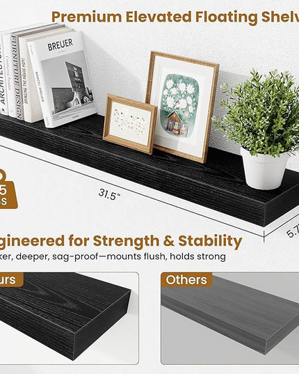 Fun Memories Bathroom Shelves 32 Inch Long Set of 2, Floating Shelves for Wall with Invisible Brackets, for Bedroom, Living Room, Kitchen, Black