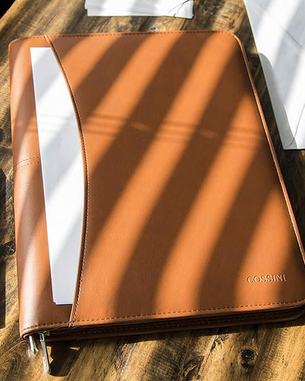 Cossini Premium Business Portfolio with Zipper – Padfolio - Superior Business Impressions Begin with PU Vegan Leather, 10.1 Inch Tablet Sleeve, Smart Storage, Solar Calculator, Writing Pad - Tan