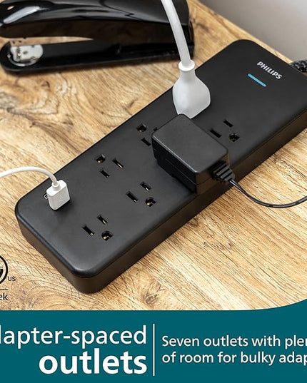 Philips 7-Outlet Surge Protector Power Strip with USB, 1 USB-A, 1 USB-C, 6 Ft Braided Extension Cord, Mutli Plug Outlet Extender, Adapter-Spaced, Charging Station, 15W, 1500 Joules, Black, SPP3703B/37