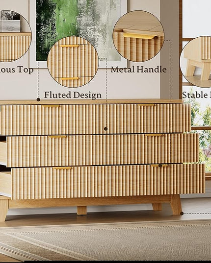 BORNOON 53" Long Dresser for Bedroom, 6-Drawer Dresser with Fluted Fronts, Wide Wood Chest of Drawers, Smooth Metal Slides, Stable Base, Modern Clothes Storage Cabinet for Living Room, Hallway