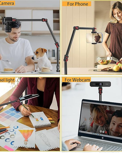 Overhead Camera Mount Desk Stand, 3-Section Flexible Detachable Articulating Arm with 1/4“ 3/8" 5/8" Screw&360° Ball Head, C-clamp Tabletop Mount for DSLR Camera/Webcam/Microphone/Lights