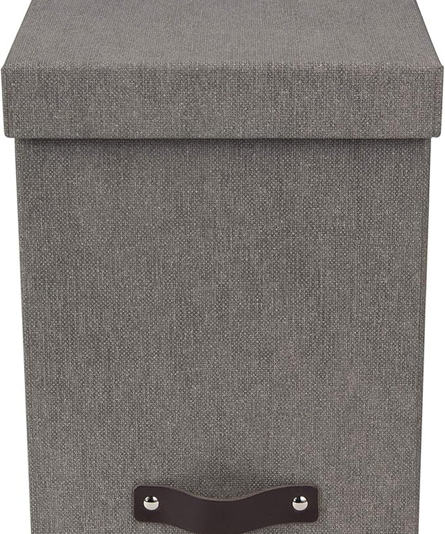 Bigso John Desktop File Box - Storage Solution and Document Organizer for Important Paperwork - Durable Hanging File Box with a Lid and Leather Handle - 7.36 in x 13.26 in x 10.51 in - Grey