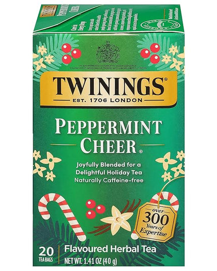 Twinings Peppermint Cheer Herbal Tea Individually Wrapped Bags, 20 Count (Pack of 1), Peppermint & Vanilla, Naturally Caffeine-Free, Enjoy Hot or Iced, 20 Teabags