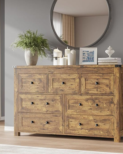 BORNOON 7-Drawer Dresser, Modern Wooden Storage Chest of Drawers, Dresser TV Stand, Wood Drawer Organizer with Metal Handles for Bedroom, Living Room, Hallway