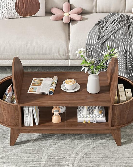 Coffee Table with Storage,Mid Century Modern Coffee Tables with 2 Flip-Top Hidden Lids,Fluted Coffee Table,Wood Center Tables for Living Room Home Office (Walnut Color)
