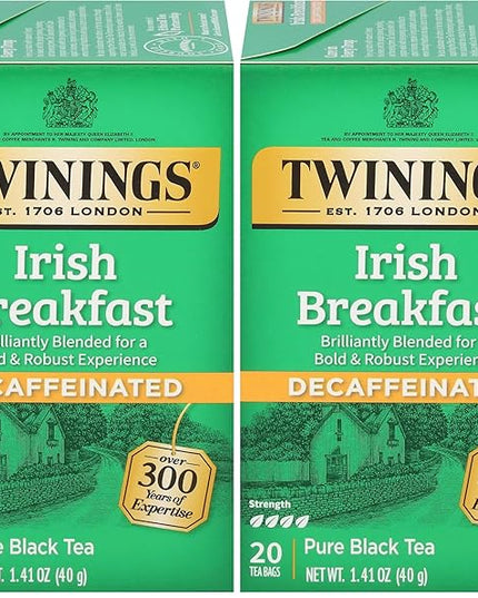 Twinings Irish Breakfast Tea, Decaf Tea Bags, Strong and Distinctive Black Decaffeinated Tea, 20 Individually Wrapped Tea Bags (Pack of 2)