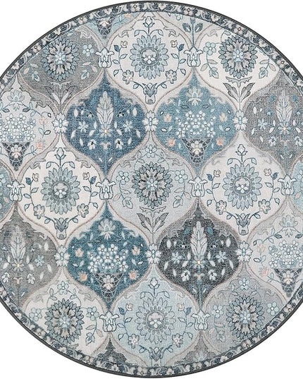 Lahome Moroccan Trellis Washable Round Rugs, Non-Slip Soft Round Rug 4ft Ultra-Thin, Small Vintage Circle Carpet for Entryway Kitchen Bedroom Nursery Bathroom, Blue