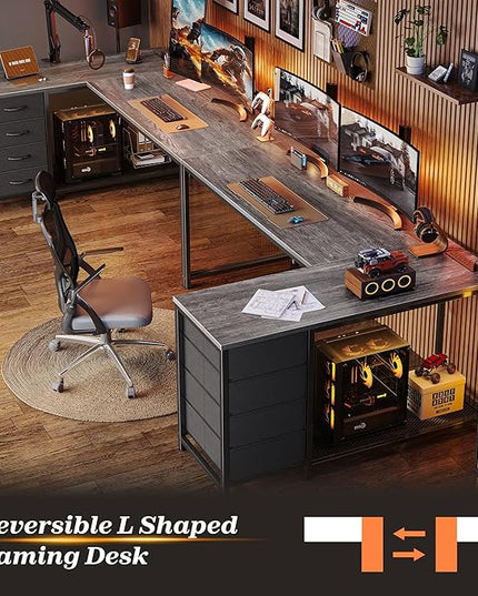PRAISUN 61" L Shaped Desk with Power Outlets and USB-C Port, Reversible Computer Corner Office Desk with 4 Fabric Drawers and 2 Height-Adjustable Shelves, Large for Gaming Writing Work Study, Grey