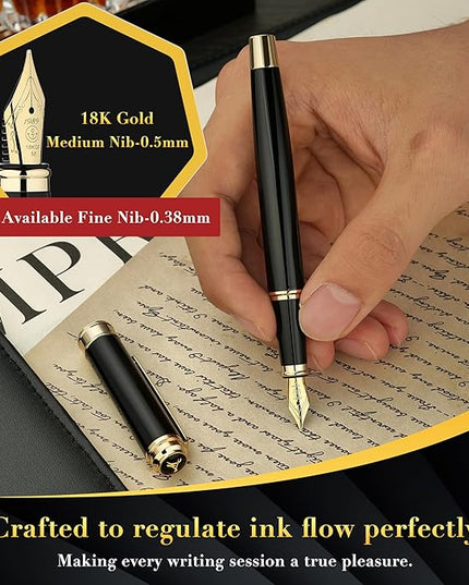 MCNTEIK 317 Fountain Pen,Stunning Luxury Piano Lacquer,18K Gilded Nib(Medium),Gorgeous 24K Gold Finish, Ink Converter,Trustworthy Gift for Men&Women-Elegant,Executive,Nice Pens for Writing, BK-M