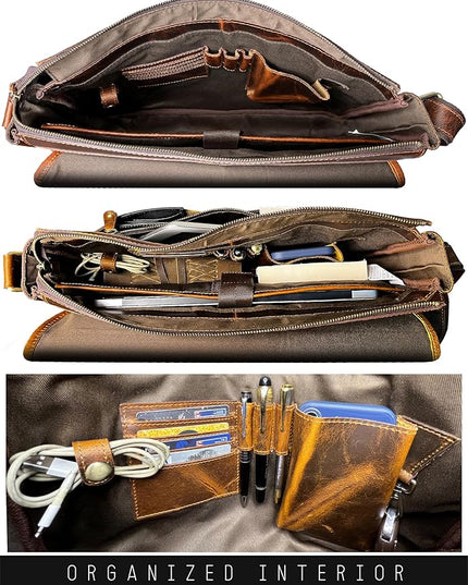 Leather Messenger Bag for Men 16" Full Grain Leather Laptop Bag Vintage Crossbody Office Satchel Travel Shoulder Bag