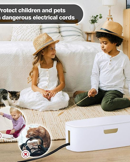 Cable Management Box - Large Cord Organizer Box to Hide Power Strip & Under Desk, TV Computer Wires Cable Organizer Box with Baby Proofs, Desk Cord Organizer for Home/Office - White