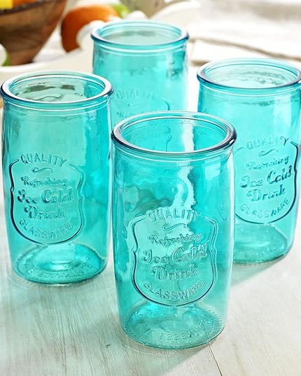 Glaver's Highball Glasses Set of 4 – 20oz Artistic Ice-Cold Pretty Blue – Vintage Glassware with Embossed Logo – Beverage Drinking Glasses for Water, Juice, Cocktails. Hand Wash.