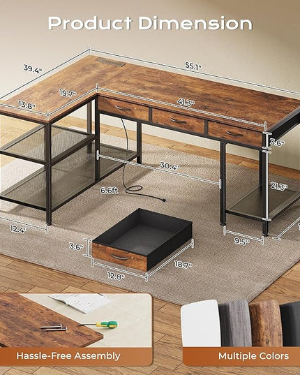 PRAISUN 55 Inch L Shaped Office Desk with Power Outlets and Type-C Port, Large Computer Gaming Desk with 3 Fabric Drawers, Mesh Shelves, Corner Study Work Writing Desk, Rustic Brown