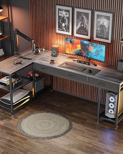 PRAISUN 63 Inch L Shaped Office Desk with Power Outlets and Type-C Port, Large Computer Gaming Desk with 3 Fabric Drawers, Mesh Shelves, Corner Study Work Writing Desk, Grey