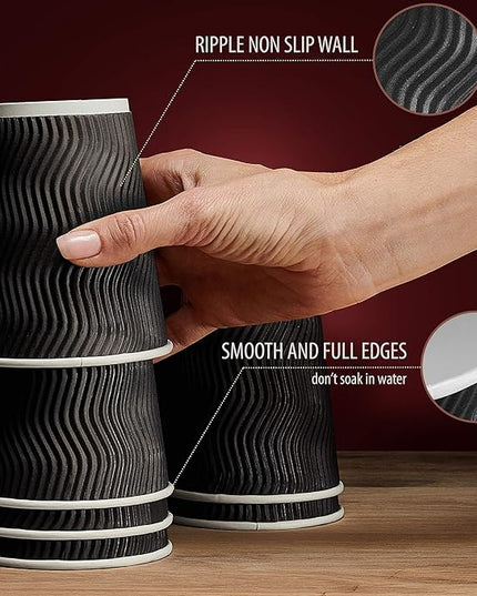 Primens Insulated Disposable Coffee Cups with Lids & Straws 12 oz, 100 Packs - Paper Cups for Hot Beverage Drinks To Go Tea Coffee Home Office Car Coffee Shop Party (Black)