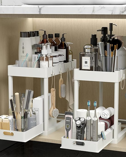 2PC Under Sink Organizer Rack 2 Tier Under Sliding Cabinet Basket Organizer Drawer with 4 Hooks, Multi-purpose Under Sink Storage for Bathroom Kitchen Desktop（White）