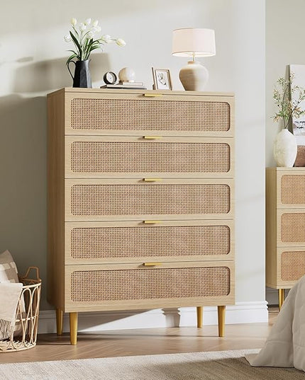 Garvee Rattan Dresser with 5 Drawers, Tall Modern Closet with Deep Storage, Large Chest of Drawers with Wide Top, Long Wooden Dresser for Bedroom, Living Room, Hallway, Kids Room, Natural