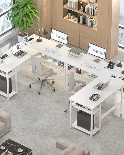 Reversible L Shaped Gaming Desk with Power Outlets and USB Charging Ports, Sturdy Computer Desks with Storage Shelf, Modern Corner Desk Home Office Table, Easy to Assemble, White