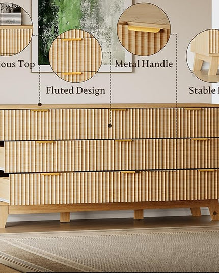 BORNOON 63" Long Dresser for Bedroom, 9-Drawer Fluted Dresser, Extra-Wide Wood Chest of Drawers with Smooth Metal Slides, Stable Base, Modern Clothes Storage Cabinet for Living Room, Hallway, Nursery