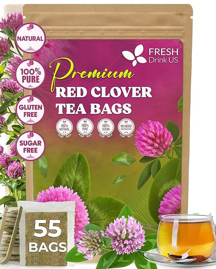 FreshDrinkUS, Premium Red Clover Herbal Tea– 55 Tea Bags – Pure – Naturally Smooth & Mild Flavor – Premium Quality, Eco-Conscious Packaging. Caffeine-Free. Gluten Free. Vegan