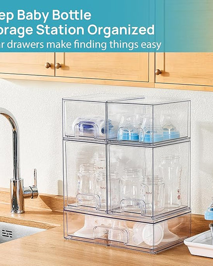 Vtopmart Clear Stackable Storage Drawers Set of 4, Plastic Organizer Bins for Makeup, Cosmetics, Beauty Supplies,Ideal for Vanity, Bathroom,Cabinet,Pantry Organization