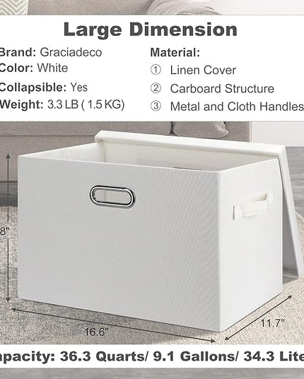 Large 17" 36 Quart Collapsible Stackable Storage Bins with Lids, 1 Pack White Foldable Fabric Closet Storage Boxes with Lids, 4 Handles Heavy-duty Linen Cube Baskets for Bedroom