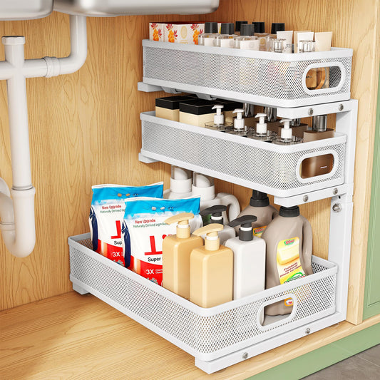 Kitstorack Under Sink Organizer, 1-Pack 3-Tier Height Adjustable Thickened Metal Pull out Cabinet Organizer Shelf, Slide out Storage Drawer Rack for Bathroom Kitchen Pantry Home Laundry Organization